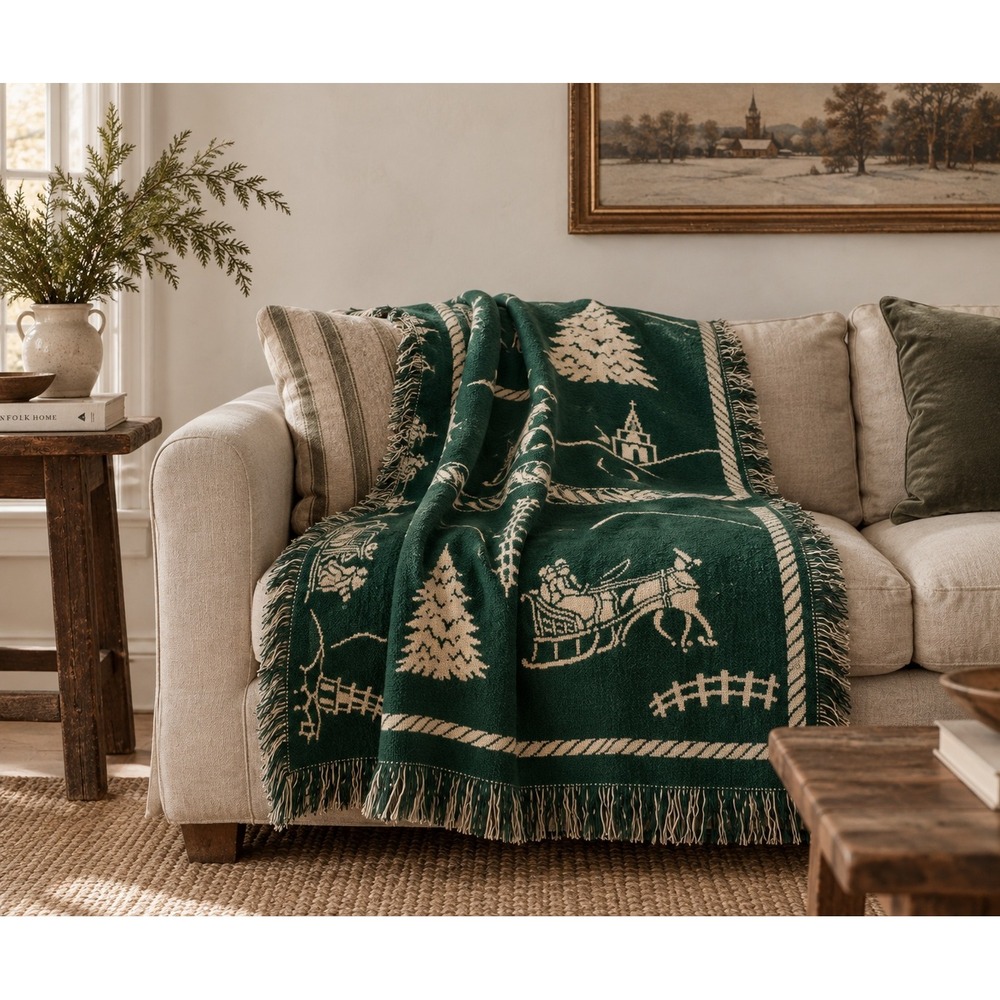 Jacquard Woven Throw Blanket Sleigh Winter Scene Green Excellent Tapestry 46x62